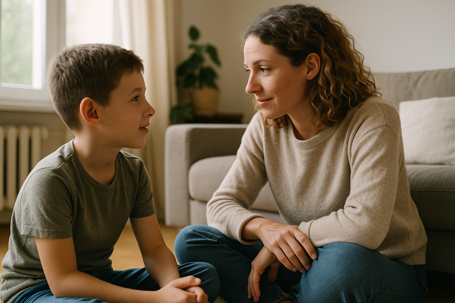 Madre e hijo conversando en un sofá, demostrando escucha activa y comunicación abierta para cuidar la salud mental de tus hijos.