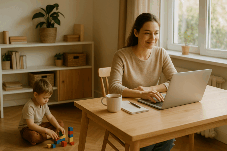 Madre feliz teletrabajando con su hijo jugando cerca, evitando el burnout parental teletrabajo con equilibrio familiar.
