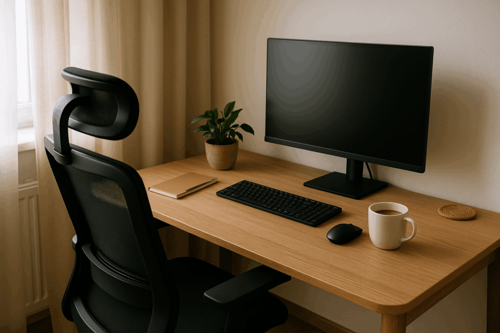 Escritorio de teletrabajo en casa bien organizado, que ayuda a la concentración y a evitar el burnout parental teletrabajo.