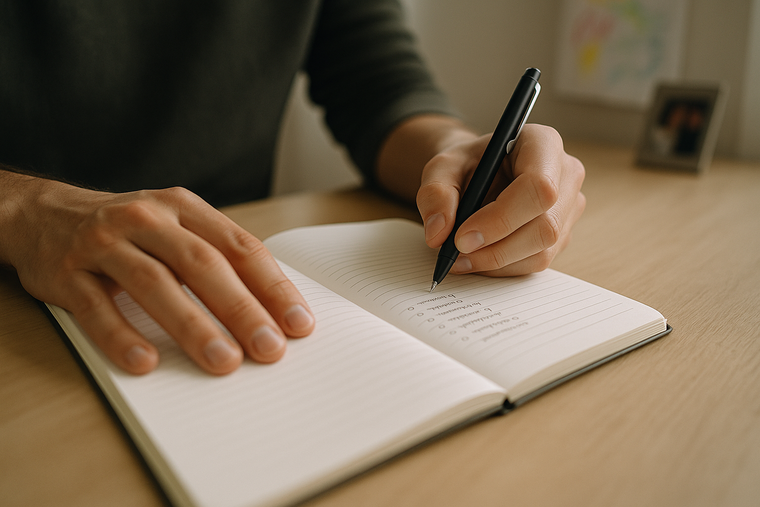 Manos de un padre o madre anotando pensamientos y tareas para identificar la carga mental.