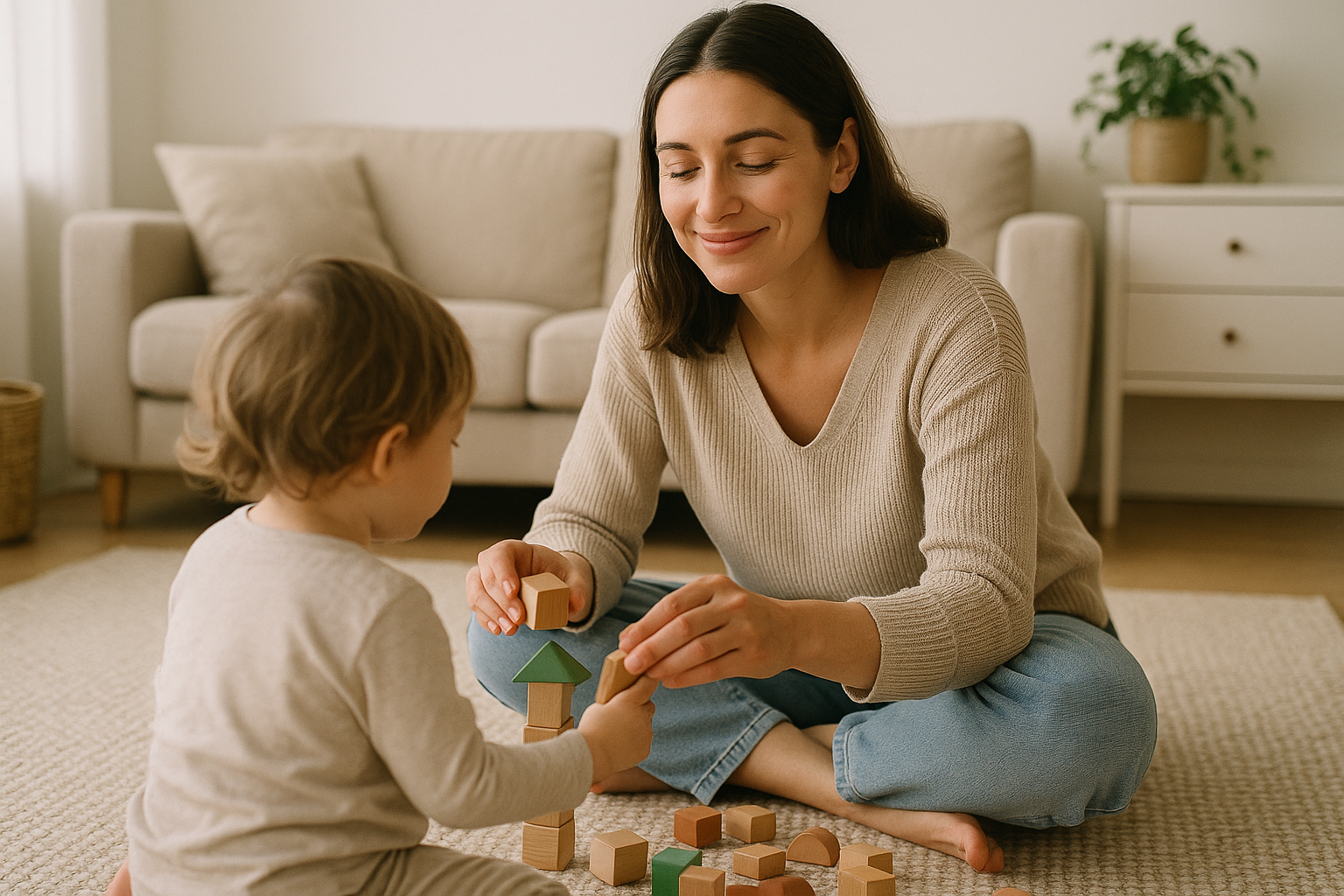 Madre serena jugando con su hijo, mostrando el impacto positivo del autocuidado para padres en la dinámica familiar.