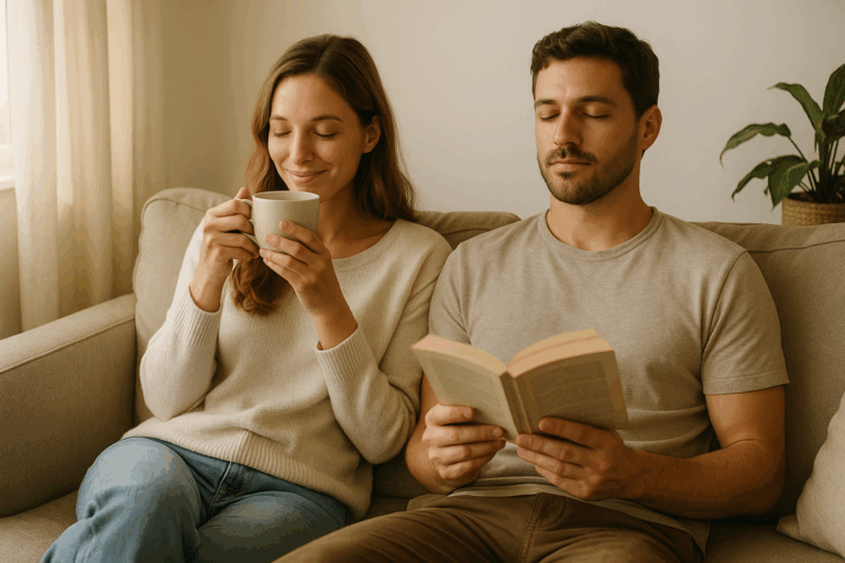 Pareja de padres disfrutando de un momento de autocuidado para padres, relajados y sonrientes en el hogar.