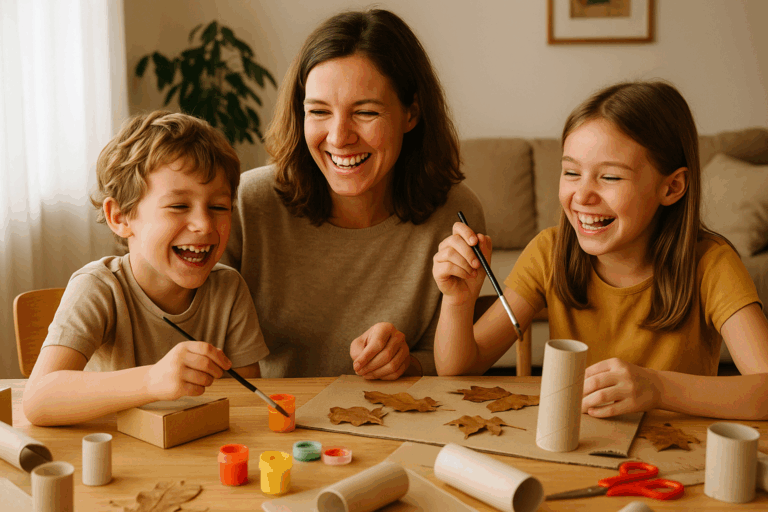 Madre y sus hijos disfrutando al hacer manualidades eco para niños, rodeados de materiales reciclados, en un ambiente familiar y creativo.