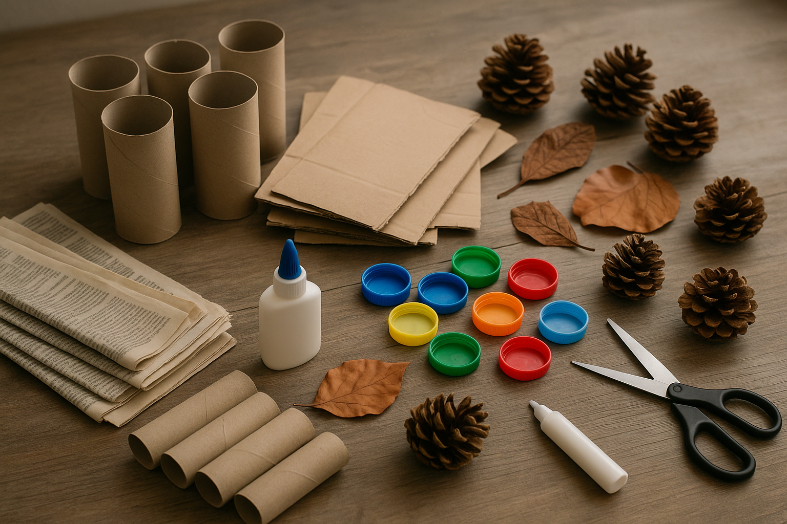 Mesa con diversos materiales reciclados como cartón, rollos de papel y tapas, listos para crear manualidades eco para niños.