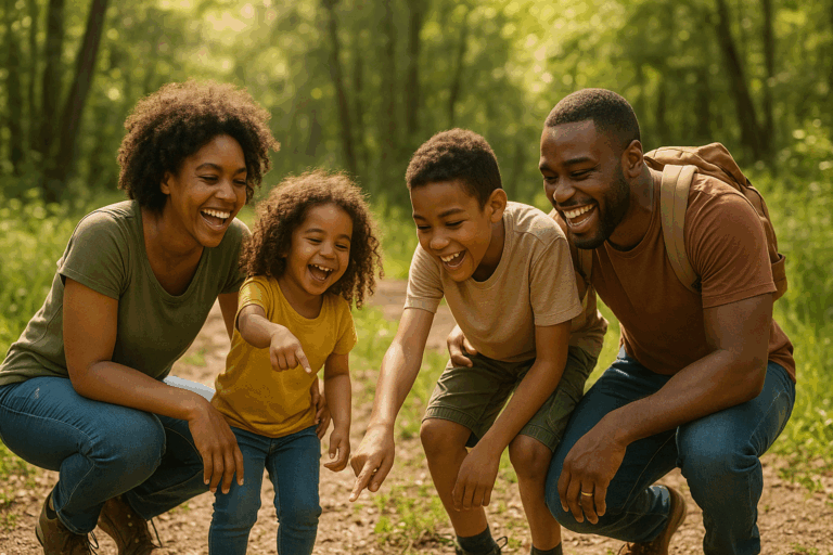 Familia feliz y unida, riendo en un sendero, simbolizando la alegría de las actividades al aire libre en familia.