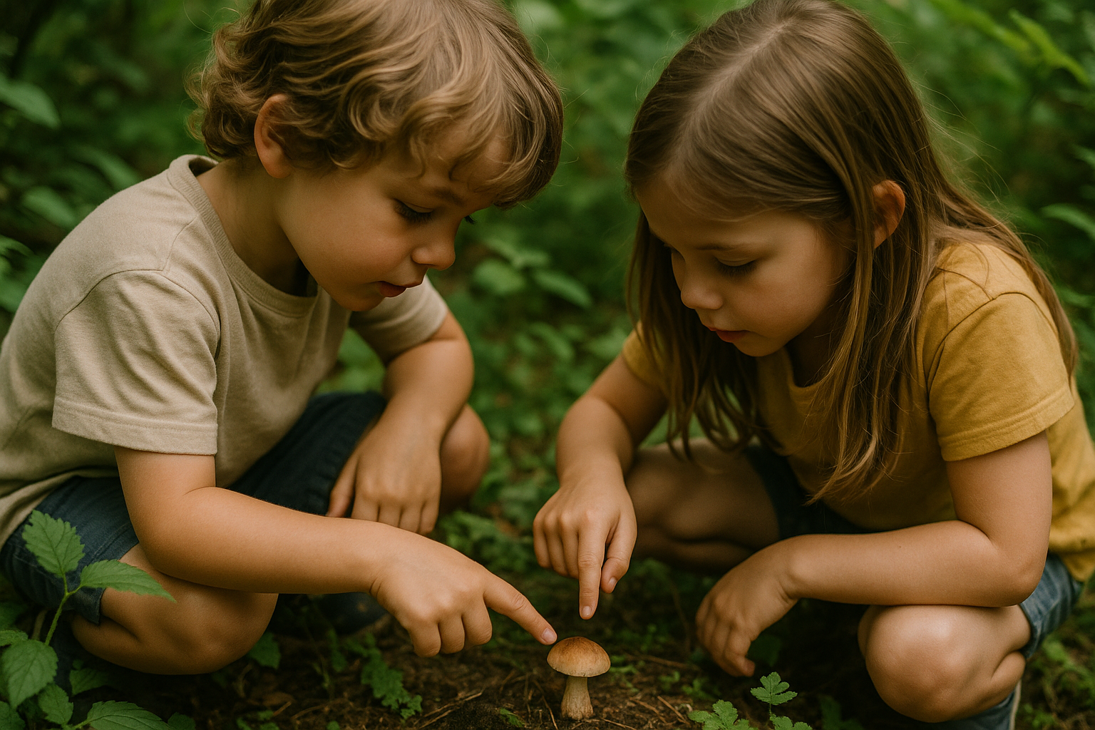 Niños pequeños explorando curiosos la naturaleza, descubriendo la belleza de las actividades al aire libre en familia.