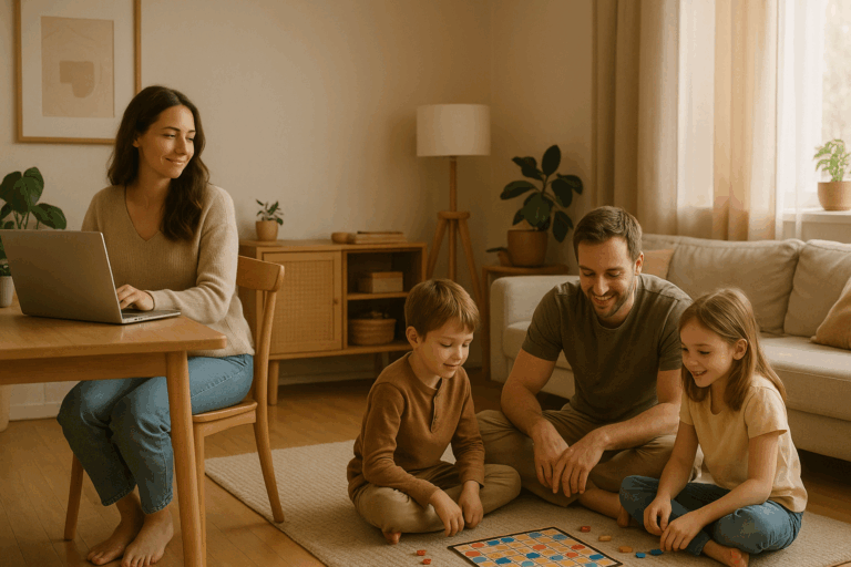 Familia feliz teletrabajando en armonía con buena comunicación en teletrabajo y límites claros en el hogar.