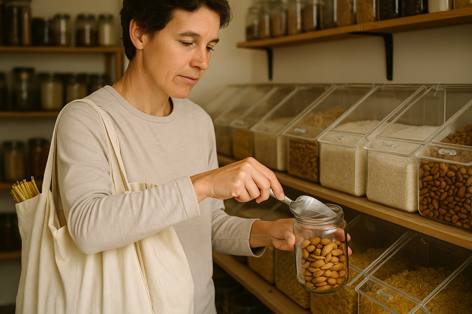 Preparando las compras para tu despensa sostenible en casa Persona llenando bolsas reutilizables para compras a granel de una despensa sostenible en casa