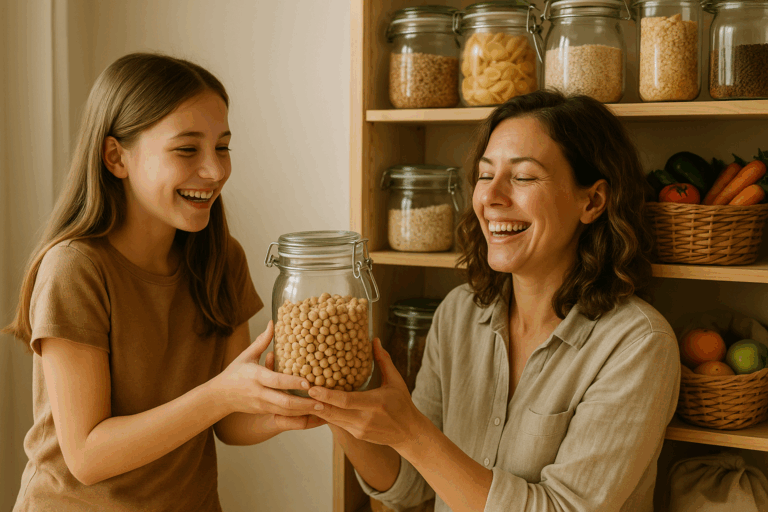 Madre e hija felices y organizadas en su despensa sostenible en casa