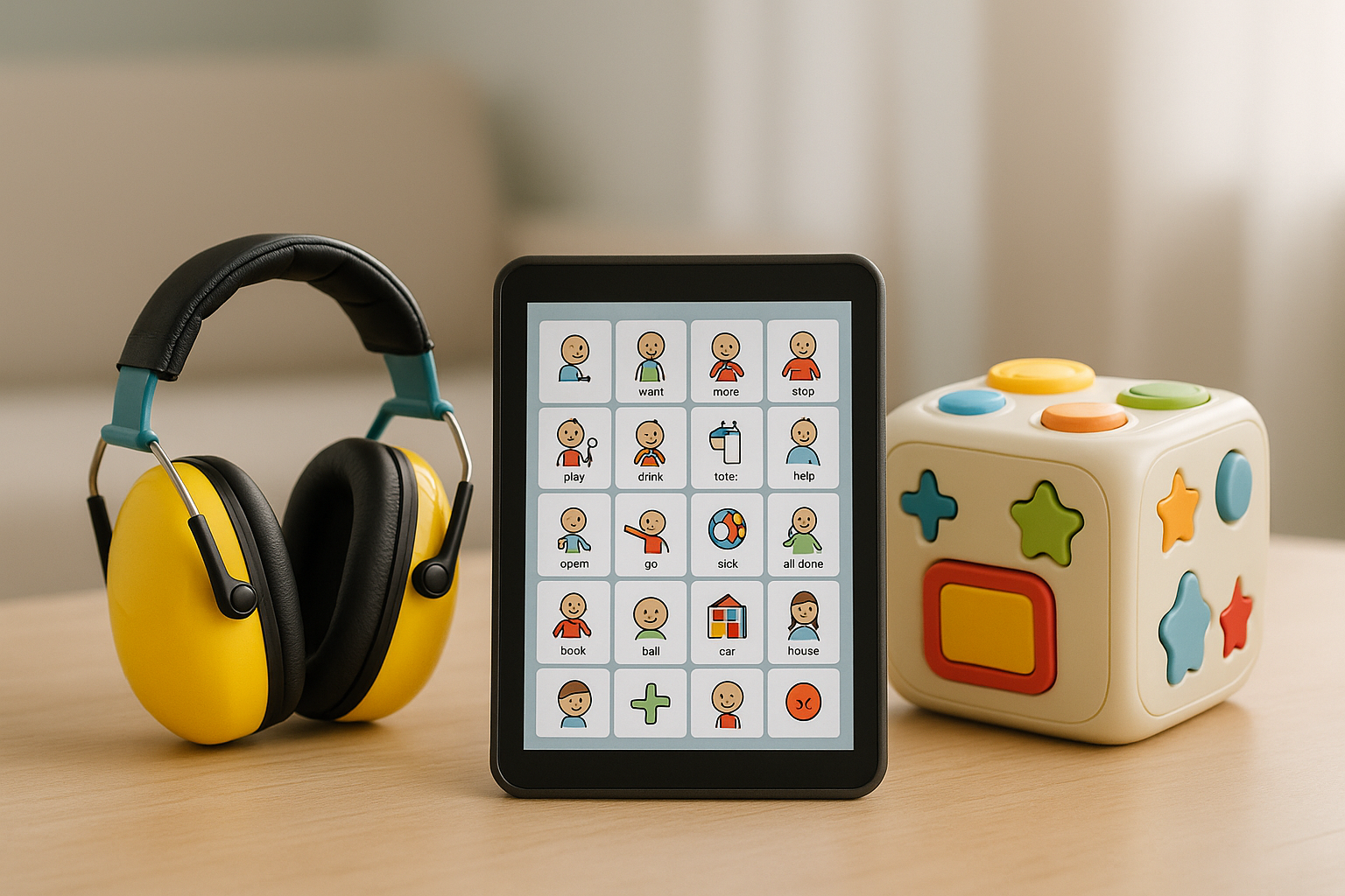 Un surtido de herramientas de tecnologia para la inclusion de niños, incluyendo auriculares con cancelacion de ruido y una tablet con apps adaptadas.