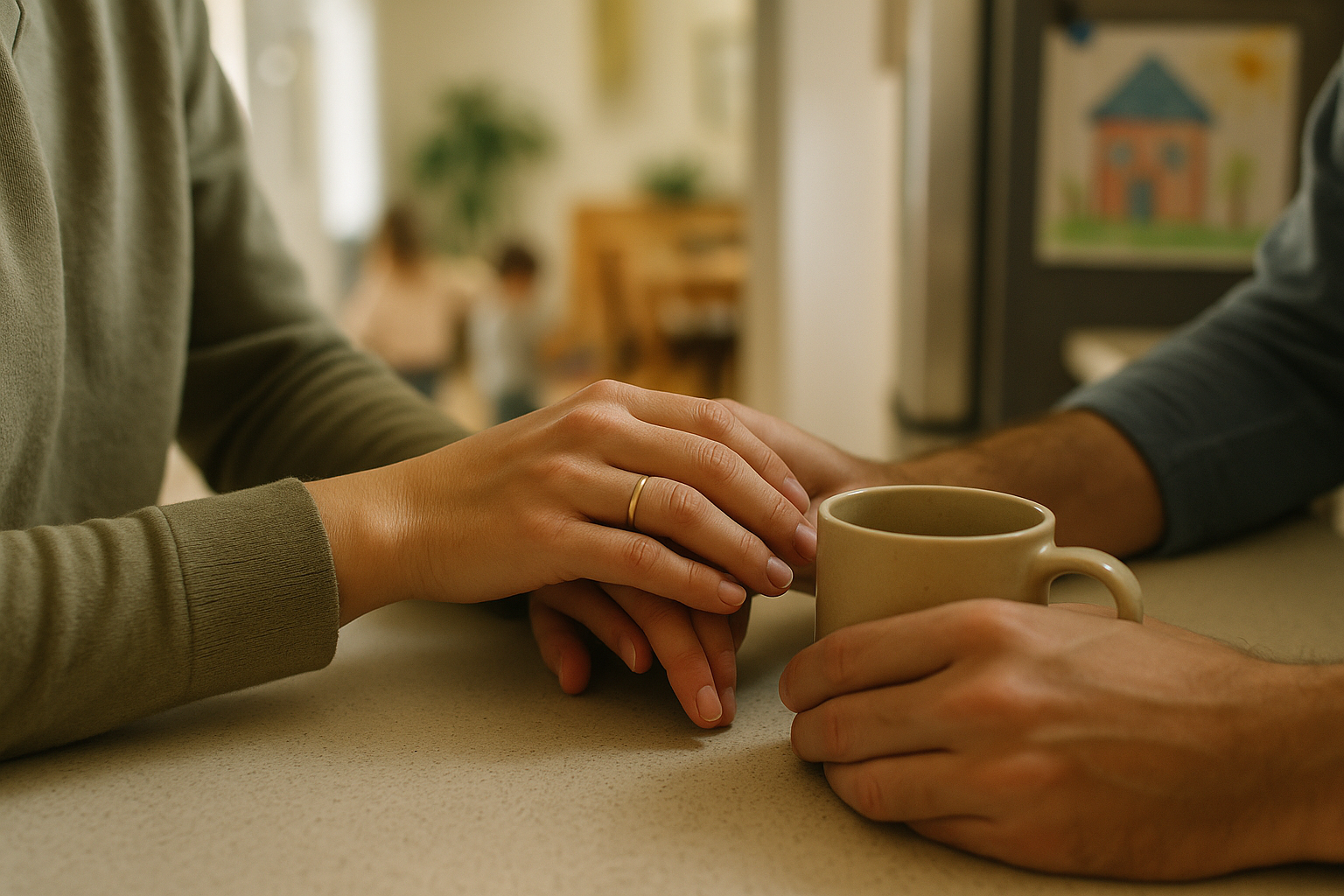 Micro momentos de tiempo en pareja con hijos Manos de una pareja tocándose con cariño en un entorno hogareño, representando los micro momentos de tiempo en pareja con hijos durante el día a día.