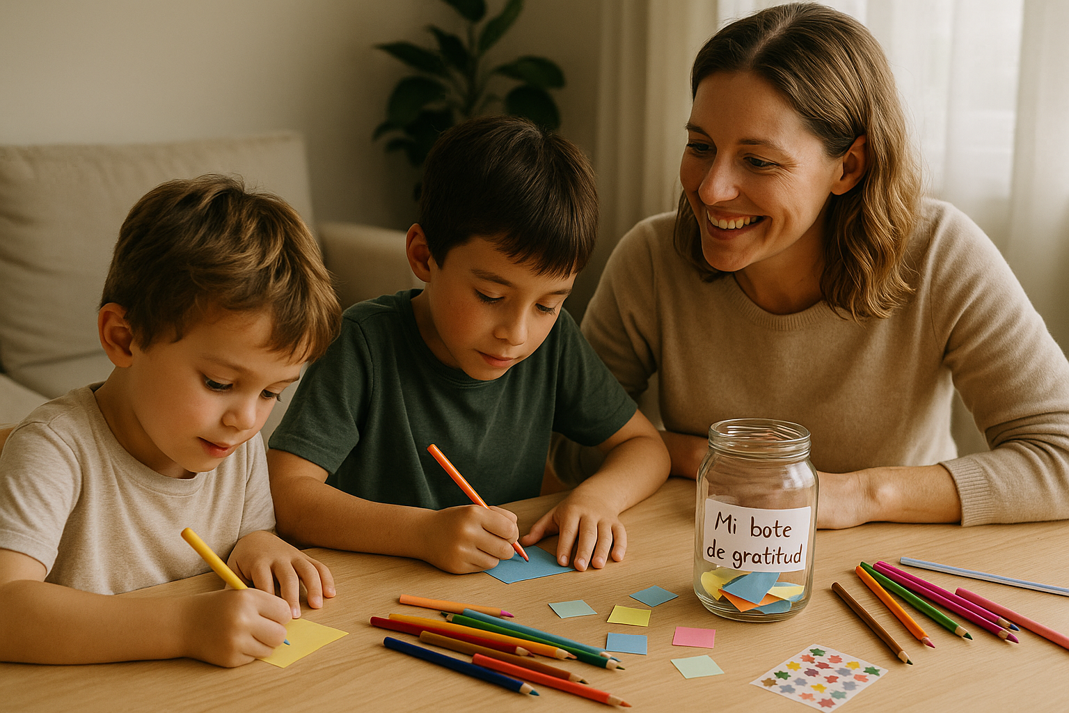 Niños contentos participando en ejercicios de gratitud diaria en familia, usando un bote de agradecimiento.