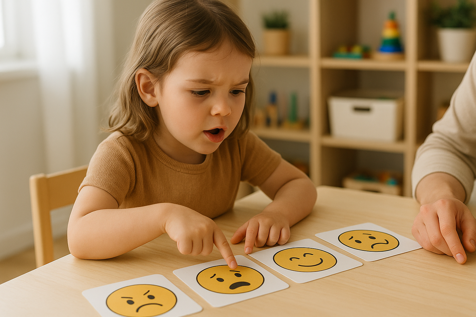 Niña jugando con tarjetas de emociones, aprendiendo sobre el manejo emociones en niños con juegos didácticos.