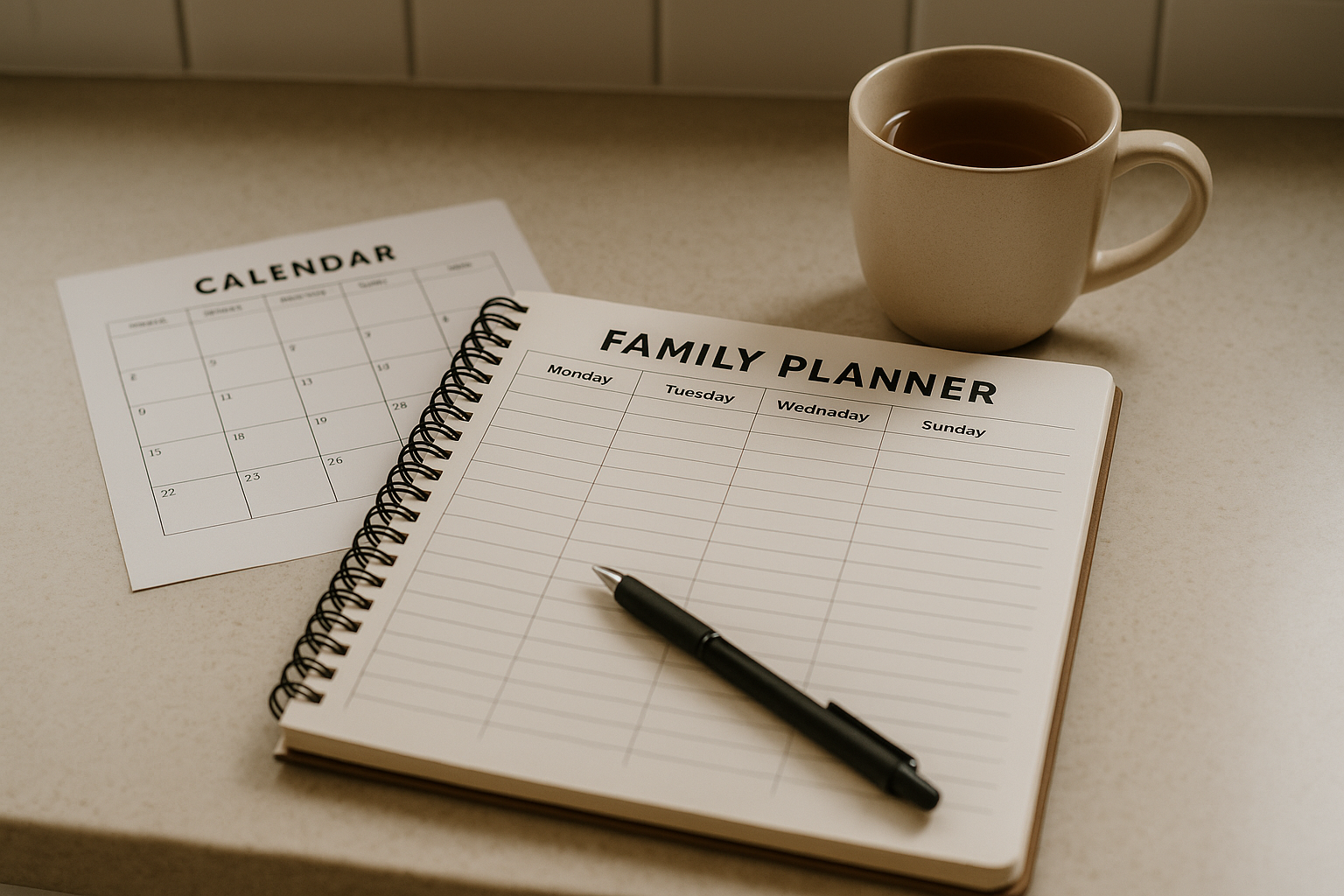 Herramientas de planificación para organizar mejor al conciliar familia monoparental Agenda familiar y planificador sobre una mesa, esenciales para conciliar familia monoparental y el tiempo.