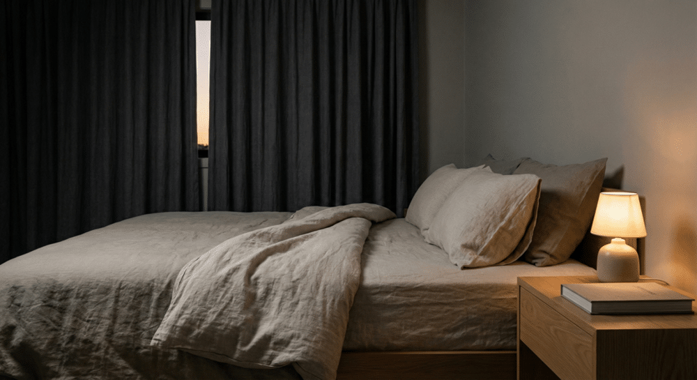 Un dormitorio tranquilo y oscuro preparado para fomentar la higiene del sueño en la familia, con cortinas opacas y una atmósfera relajante.