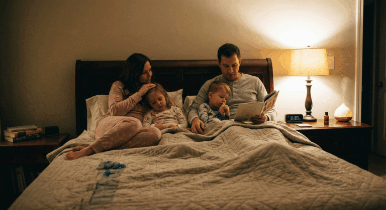 Una familia feliz aplicando rutinas de descanso que forman parte de la higiene del sueño en la familia en un dormitorio acogedor.