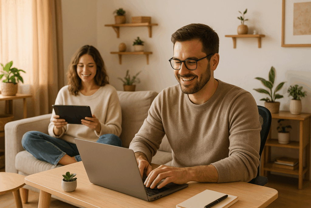 Pareja feliz compartiendo espacio de teletrabajo en casa, mostrando armonía y equilibrio entre el teletrabajo y la pareja.