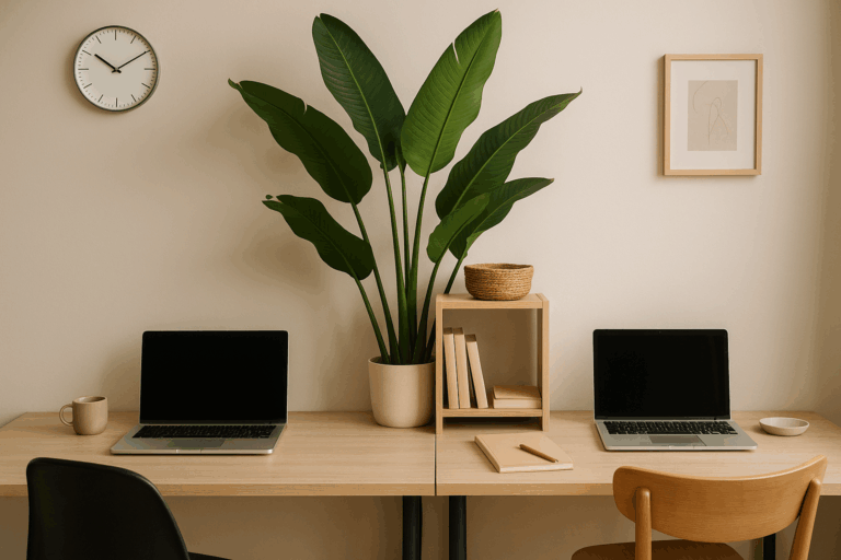 Espacio de oficina en casa ordenado con dos escritorios, simbolizando límites claros para el teletrabajo y la pareja.