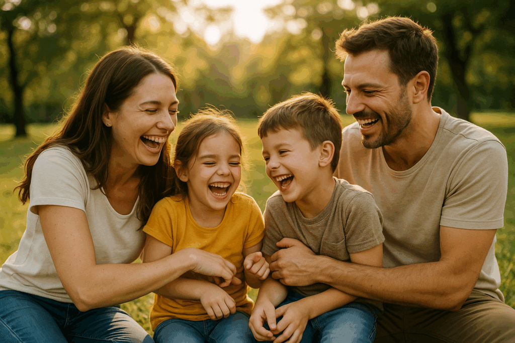 Familia feliz disfrutando de tiempo de calidad en familia en el parque, con risas y conexión genuina.