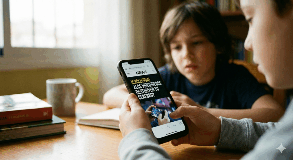 La ciudadanía digital para niños: una guía para peques responsables 1 Manos de un niño sosteniendo un móvil con una noticia, con cara de reflexión, practicando el pensamiento crítico que exige la ciudadanía digital para niños.