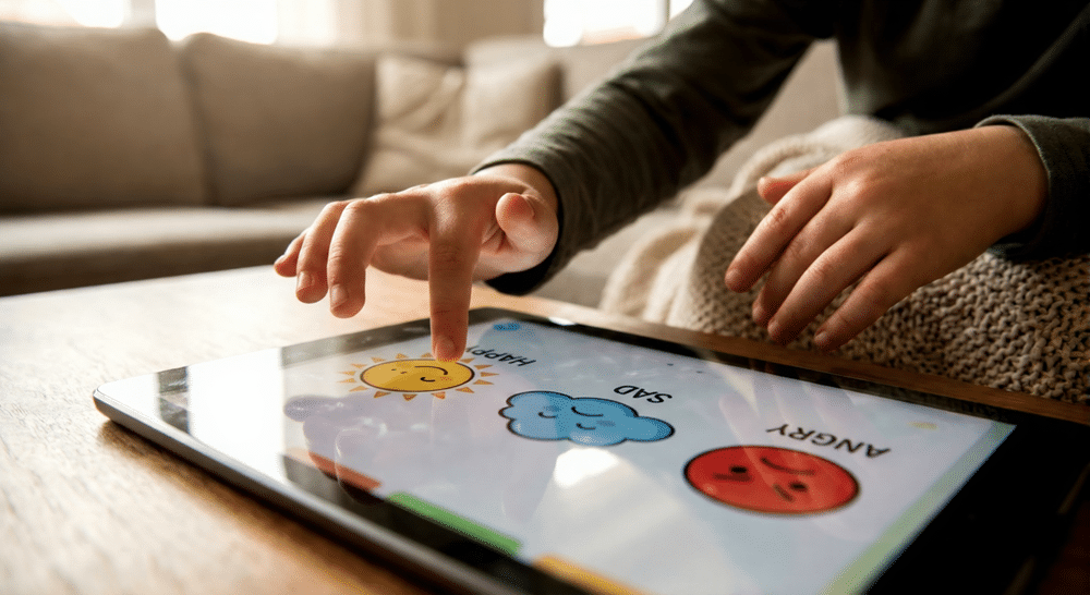 Manos de un niño utilizando una tablet con una app de educacion emocional y tecnologia