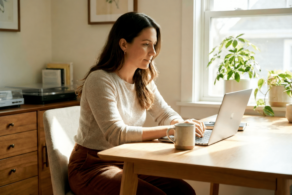 Madre feliz trabajando en remoto, manteniendo la motivación en el teletrabajo en un espacio organizado y con luz natural.