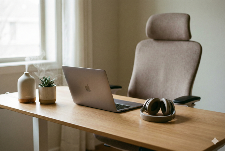 Escritorio minimalista y ergonómico con plantas y auriculares, clave para la motivación en el teletrabajo.