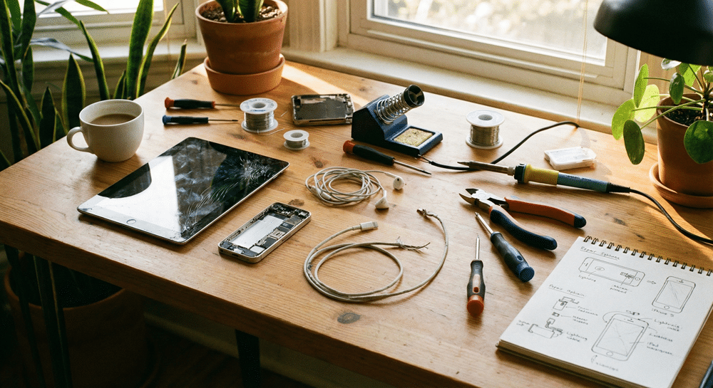 Dispositivos electrónicos antiguos en una mesa, listos para ser reutilizados en casa