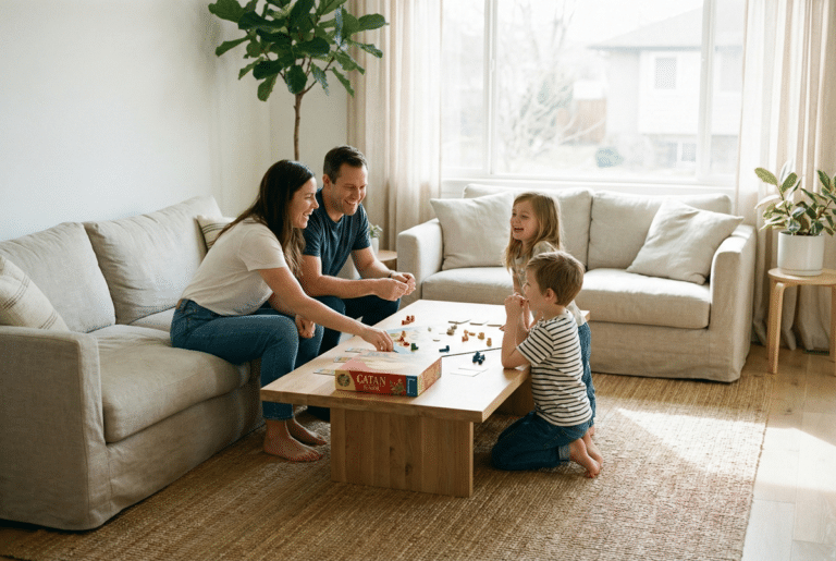 Familia feliz jugando a un juego de mesa, creando un ambiente tranquilo y reduciendo el ruido digital hogar.