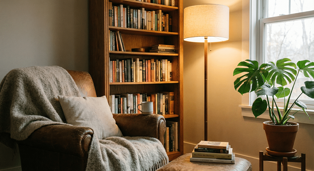 Rincón de lectura tranquilo con sillón y libros, un espacio ideal para reducir ruido digital hogar y encontrar calma.