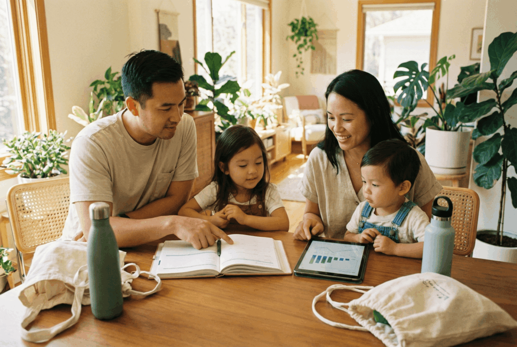 Familia revisando el presupuesto familiar sostenible en un hogar eco-friendly