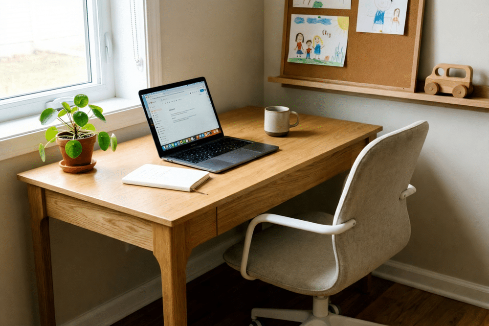 Espacio de trabajo en casa organizado, mostrando cómo establecer límites para conciliar padres autónomos y familia
