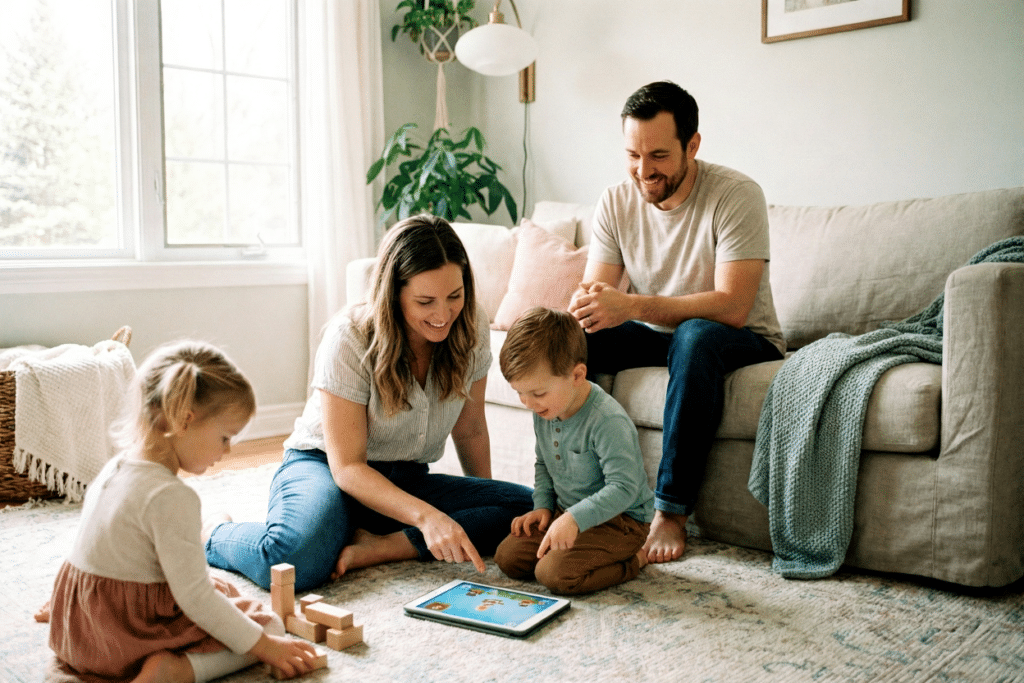 Familia unida practicando crianza positiva con tecnología, aprendiendo y conectando en un ambiente hogareño feliz y moderno.