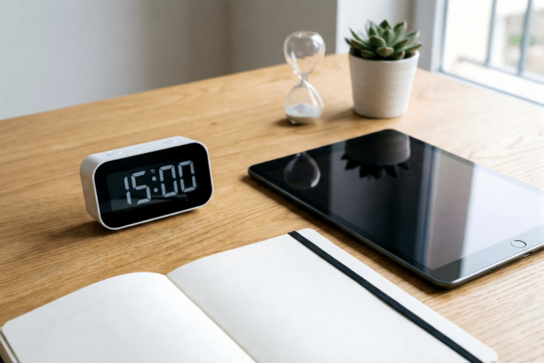 Temporizador digital junto a una tablet apagada, simbolizando la gestión del tiempo y límites claros en la crianza positiva con tecnología.