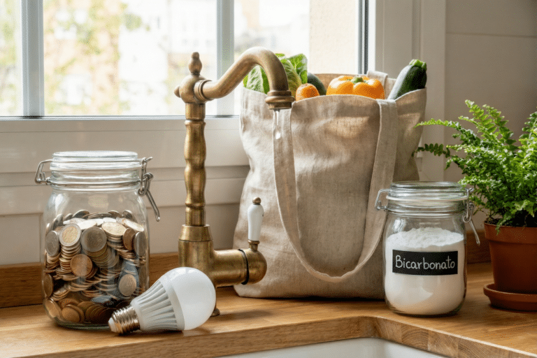 Objetos que representan el ahorro ecológico y el presupuesto familiar sostenible