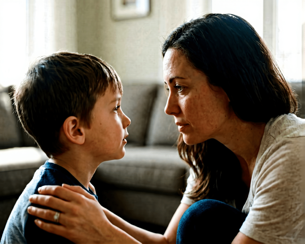 Madre escuchando atentamente a su hijo, ejemplificando la escucha activa para la comunicacion eficaz para padres