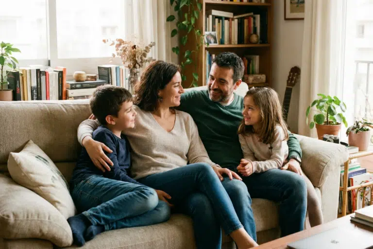 Familia unida en el sofá, demostrando la comunicacion eficaz para padres y el afecto