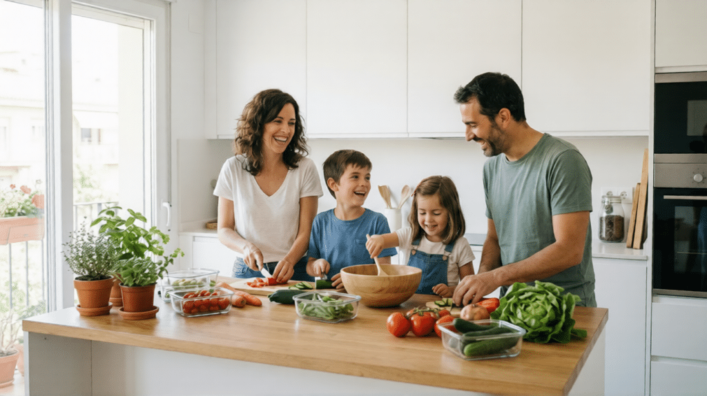 Familia preparando menus sostenibles con productos frescos y de temporada en su cocina, promoviendo hábitos saludables y ecológicos.