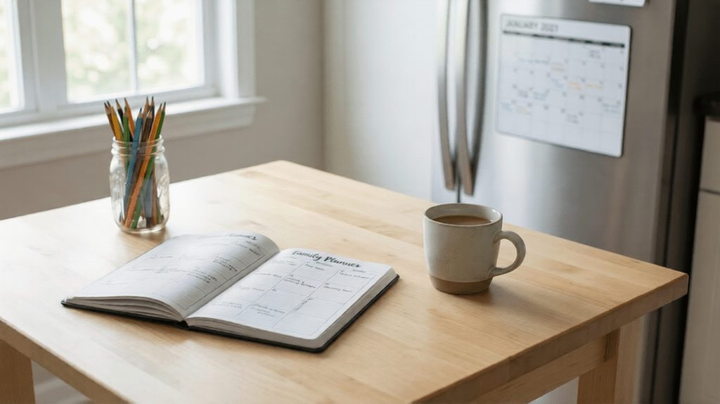 Agenda familiar y calendario para una mejor organización y manejo de la culpa parental.
