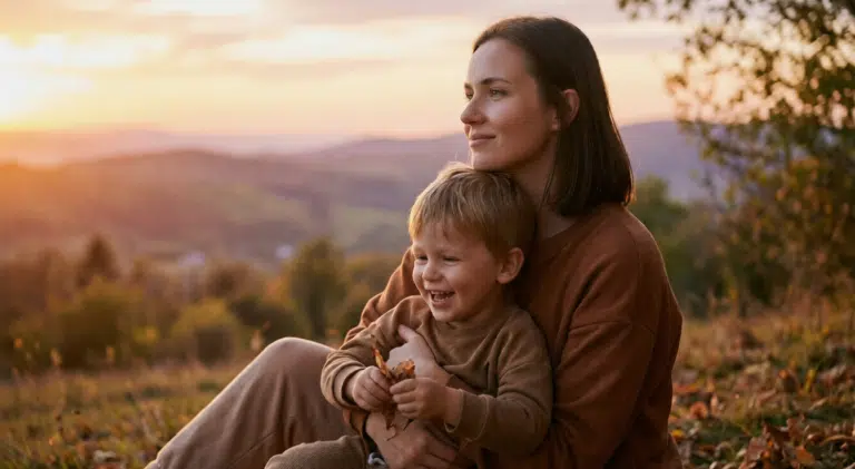 Madre e hijo disfrutando de un momento de paz en la naturaleza, liberados de la culpa parental.