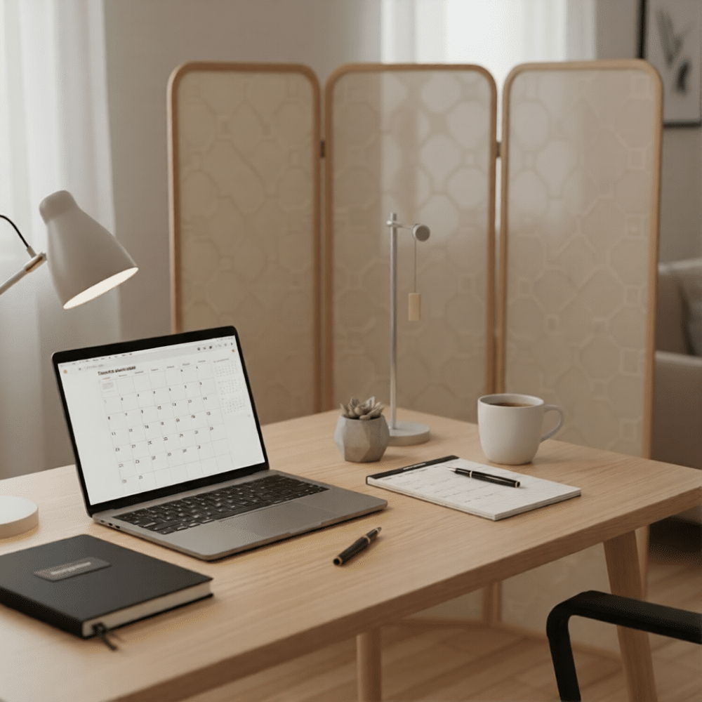 Escritorio organizado con biombo, representando límites para la gestion del tiempo en teletrabajo de parejas