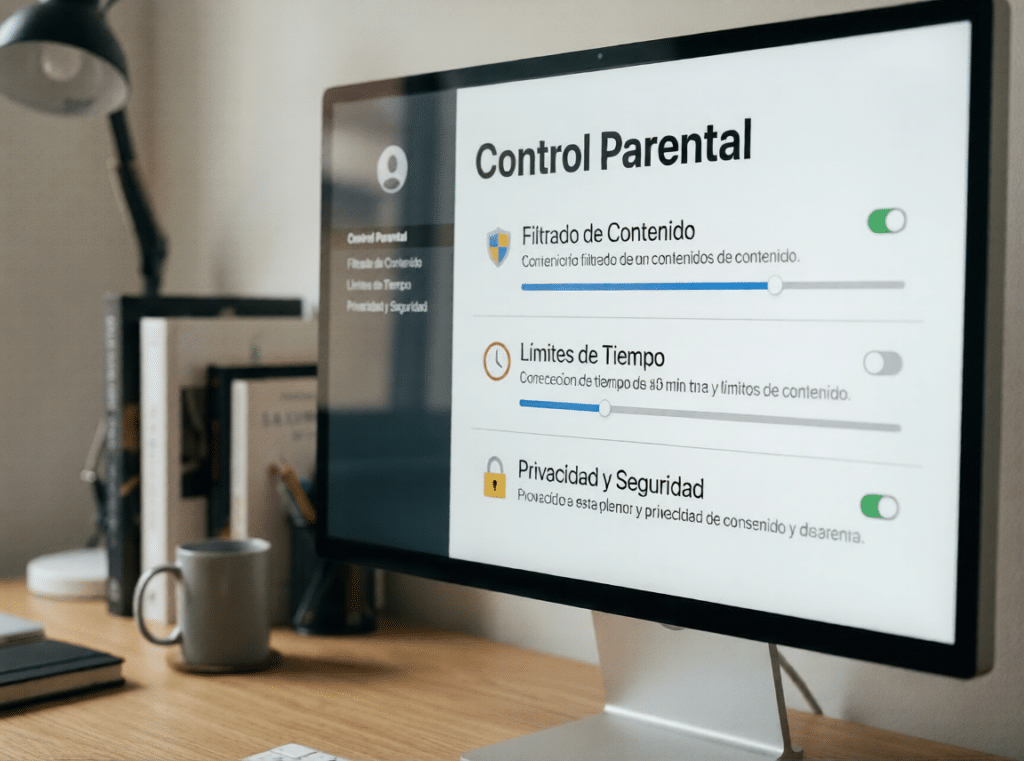 Interfaz de control parental en un dispositivo, mostrando opciones de privacidad y filtro de contenido para prevenir ciberacoso infantil.