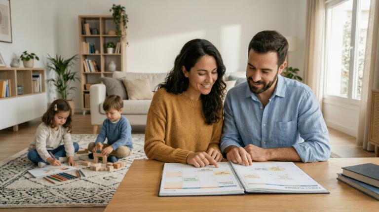 Familia sonriente planificando su día, clave para cómo gestionar el tiempo en casa con hijos eficazmente.