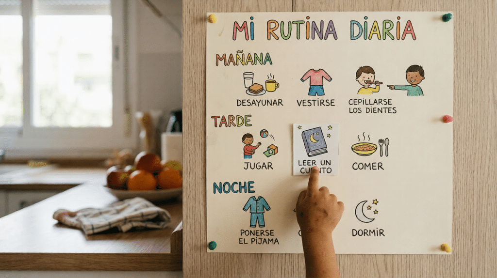 Horario visual con pictogramas ayudando a niños a seguir rutinas, clave en cómo gestionar el tiempo en casa con hijos.