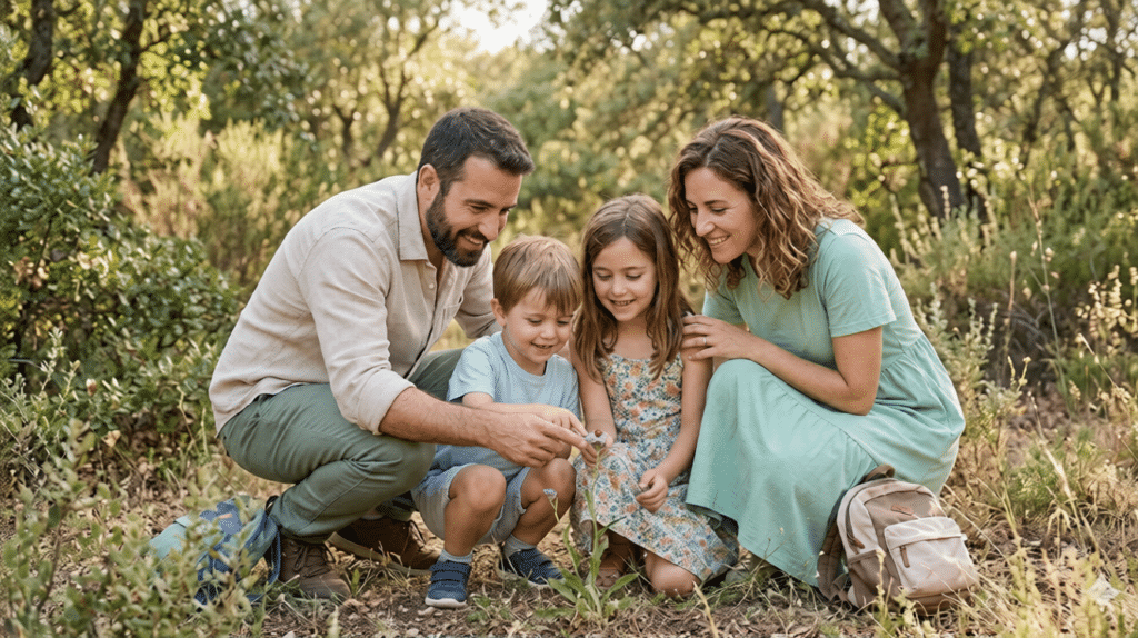 Familia feliz explorando la naturaleza, fomentando la educacion ambiental familiar con niños.