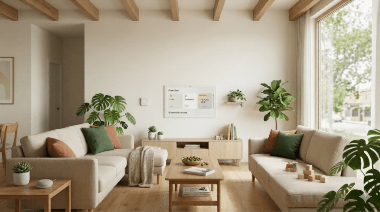 Familia disfrutando de un salón moderno y acogedor en una casa inteligente sostenible con tecnología verde