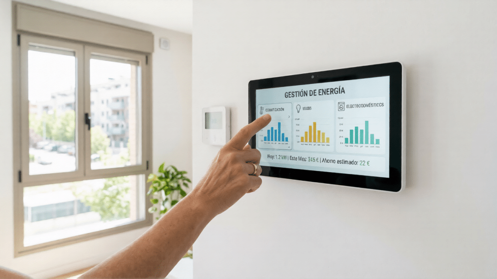 Mano ajustando un monitor de energía para una gestión energética inteligente en un hogar eco-friendly
