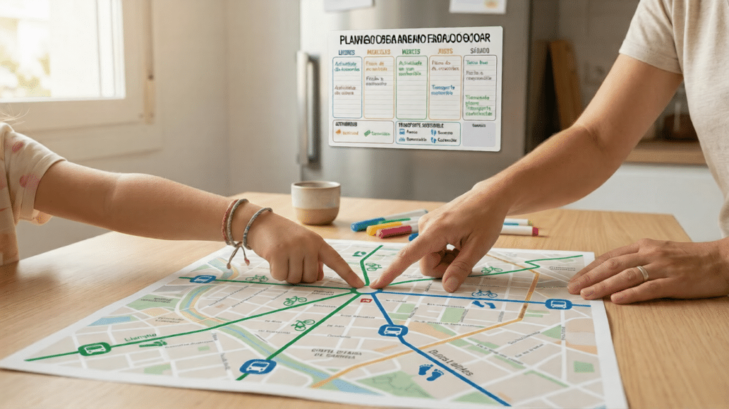 Familia planificando rutas de transporte ecológico en un mapa con un planificador magnético, para una movilidad sostenible.