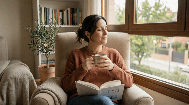 Madre o padre disfrutando de un tranquilo momento de tiempo personal para padres, recargando energías en casa.