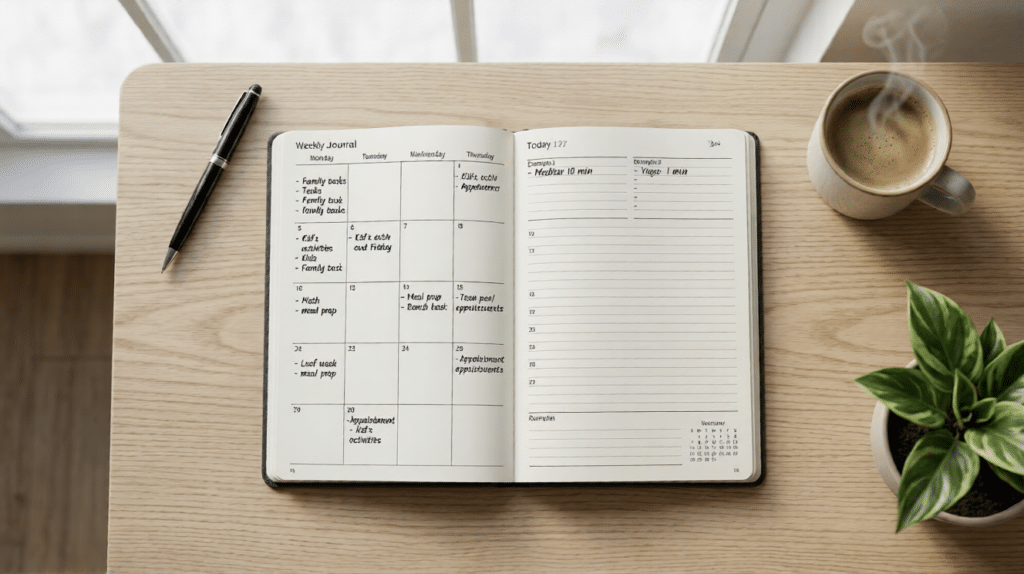 Agenda de planificación abierta con tareas diarias y tiempo personal para padres marcado.